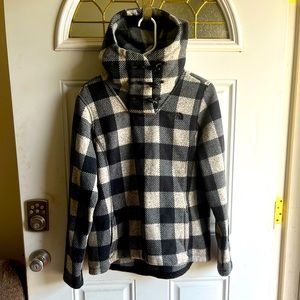 The North Face Plaid Fleece Cowl Turtleneck Crescent Hooded Sweater Pullover EUC